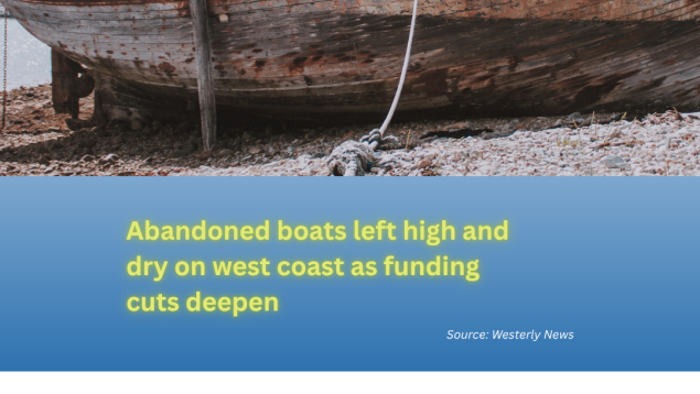abandoned boat image on beach with title below Abandoned boats left high and dry on west coast as funding cuts deepen