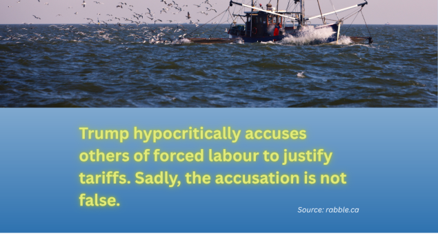 photo of trawler at sea with title below with title Trump hypocritically accuses others of forced labour to justify tariffs. Sadly, the accusation is not false. photo of trawler at sea with title below with title Trump hypocritically accuses others of forced labour to justify tariffs. Sadly, the accusation is not false.