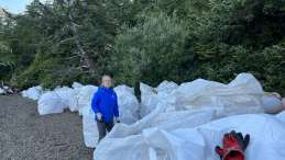 Gigantic collection bags line the beach filled with plastic marine debris