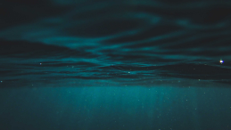 Dark underwater shot with title The Man Who Wants to Mine the Ocean