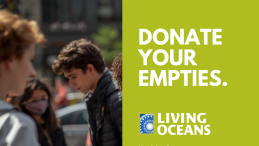 Donate your empties return-It image of youth sorting cans with living oceans logo and return-it logo
