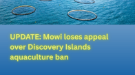 open-net pen farm photo with title UPDATE: Mowi loses appeal over Discovery Islands aquaculture ban