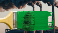 "Take action to keep Canada’s greenwashing rules" photo of belching pollution over industry stacks and a swipe of green paint